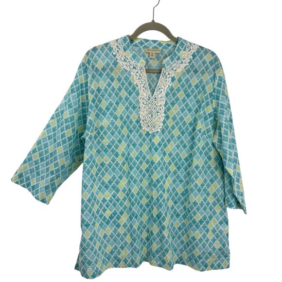 Appleseed's XL Blue Medallion Print Split Neck Tunic 3/4 Sleeve Resort - Picture 1 of 8